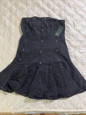 NWT Wild Fable Black Denim Strapless Pleated Mini Dress with Back Zipper